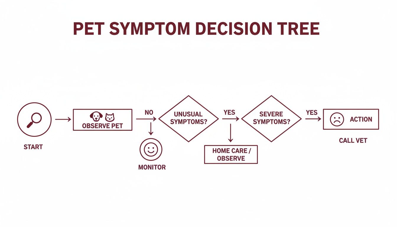 A pet symptom decision tree flowchart guiding owners on how to respond to pet health issues.