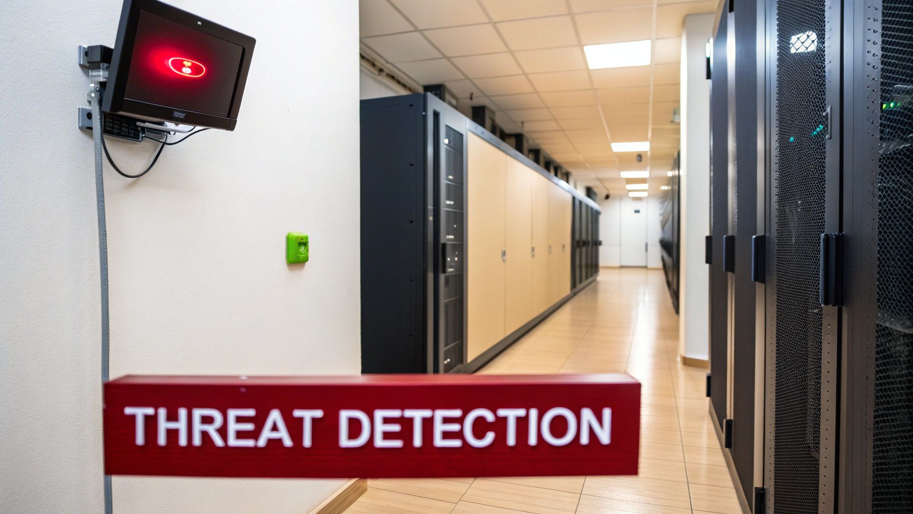 A red warning symbol on a monitor and a 'THREAT DETECTION' sign in a server room.