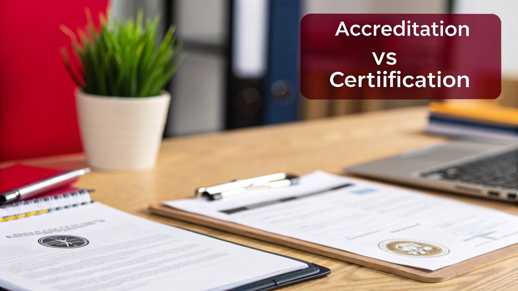 A desk with documents, a laptop, and a plant, with text 'Accreditation VS Certification'.