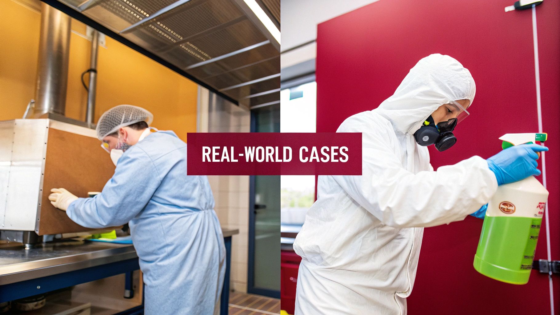 Workers in a facility handling chemical containers safely.