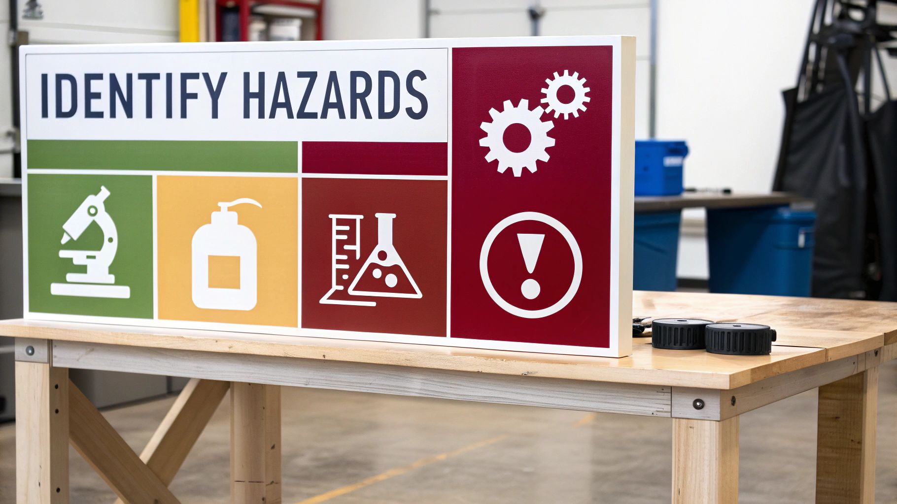 A 'IDENTIFY HAZARDS' sign on a wooden table featuring laboratory, chemical, mechanical, and general warning symbols.