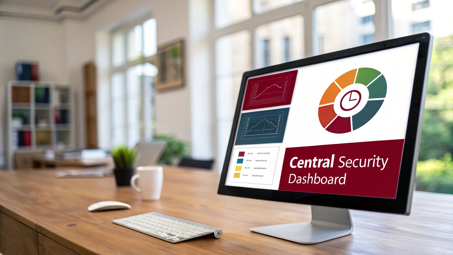A computer monitor displays a 'Central Security Dashboard' with charts and graphs on a wooden office desk.