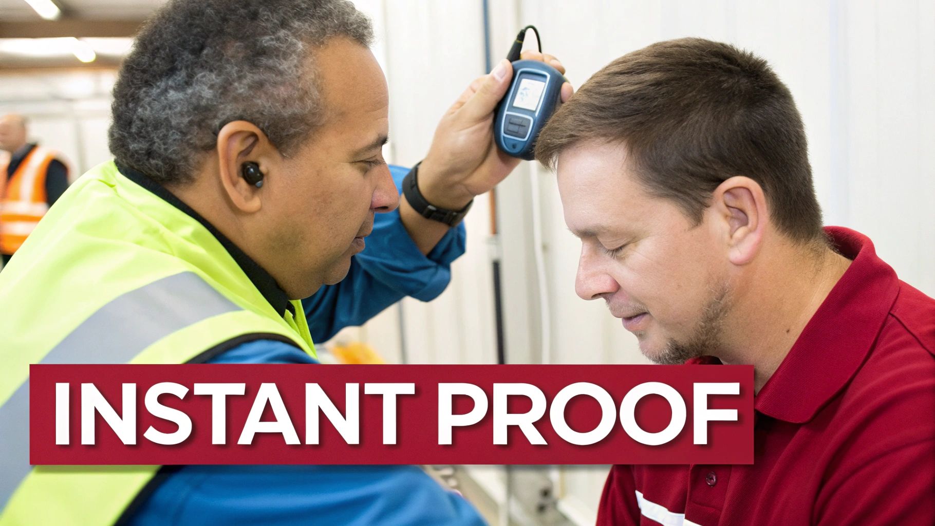 A safety manager conducting a hearing protection fit test on a worker.