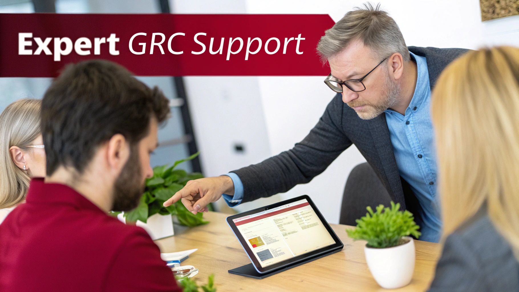 A team of business professionals discussing GRC governance risk compliance software on a tablet. This image represents the expert support needed to implement a GRC solution.