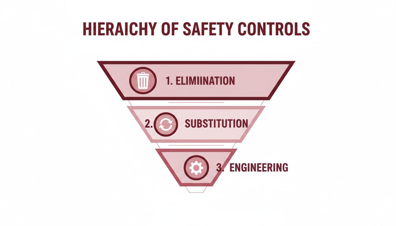 A hierarchy of safety controls diagram showing Elimination, Substitution, and Engineering levels.