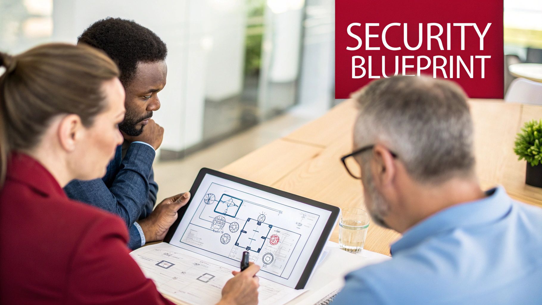 Three business professionals review a digital security blueprint on a tablet in a meeting.