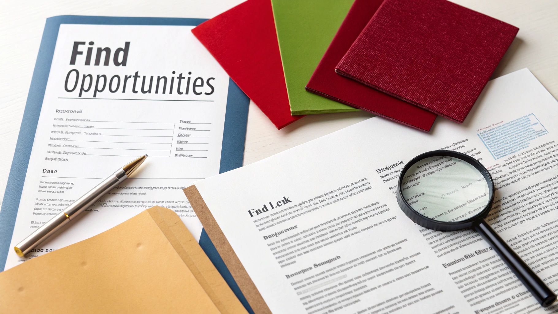 Documents, a pen, a magnifying glass, and colorful cards on a desk, representing finding opportunities.