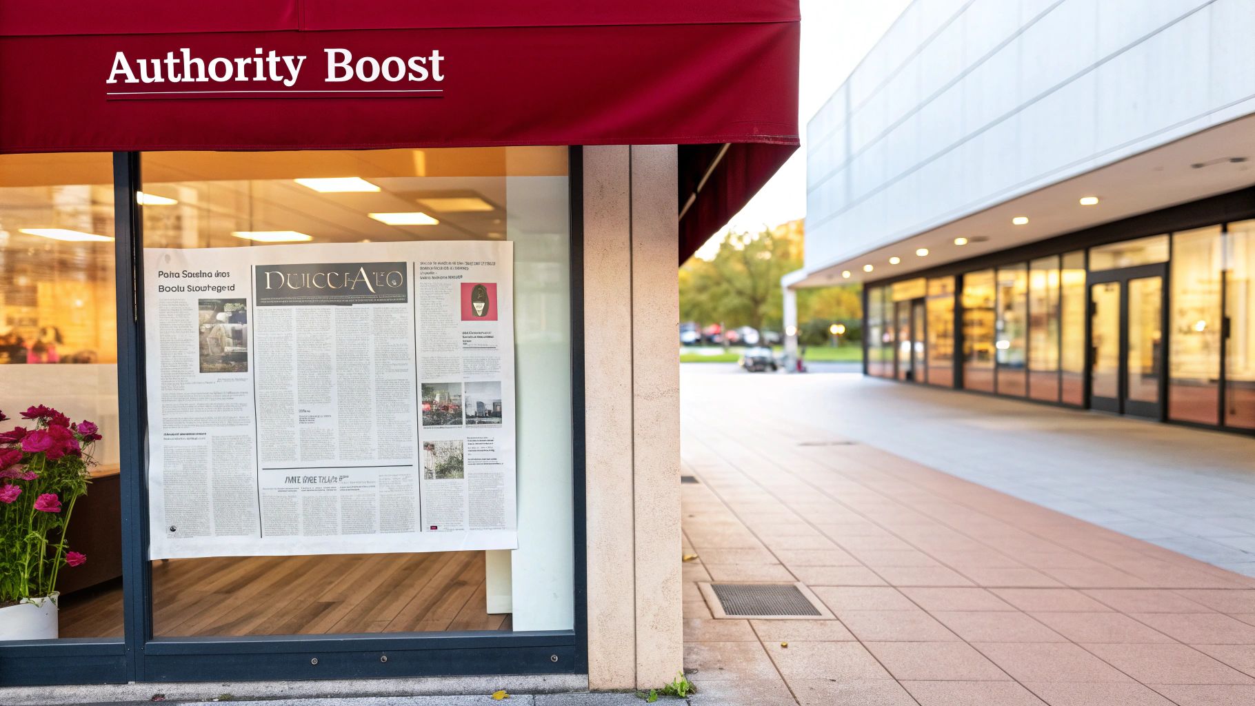 Storefront with a red awning displaying "Authority Boost" text and a large newspaper poster.