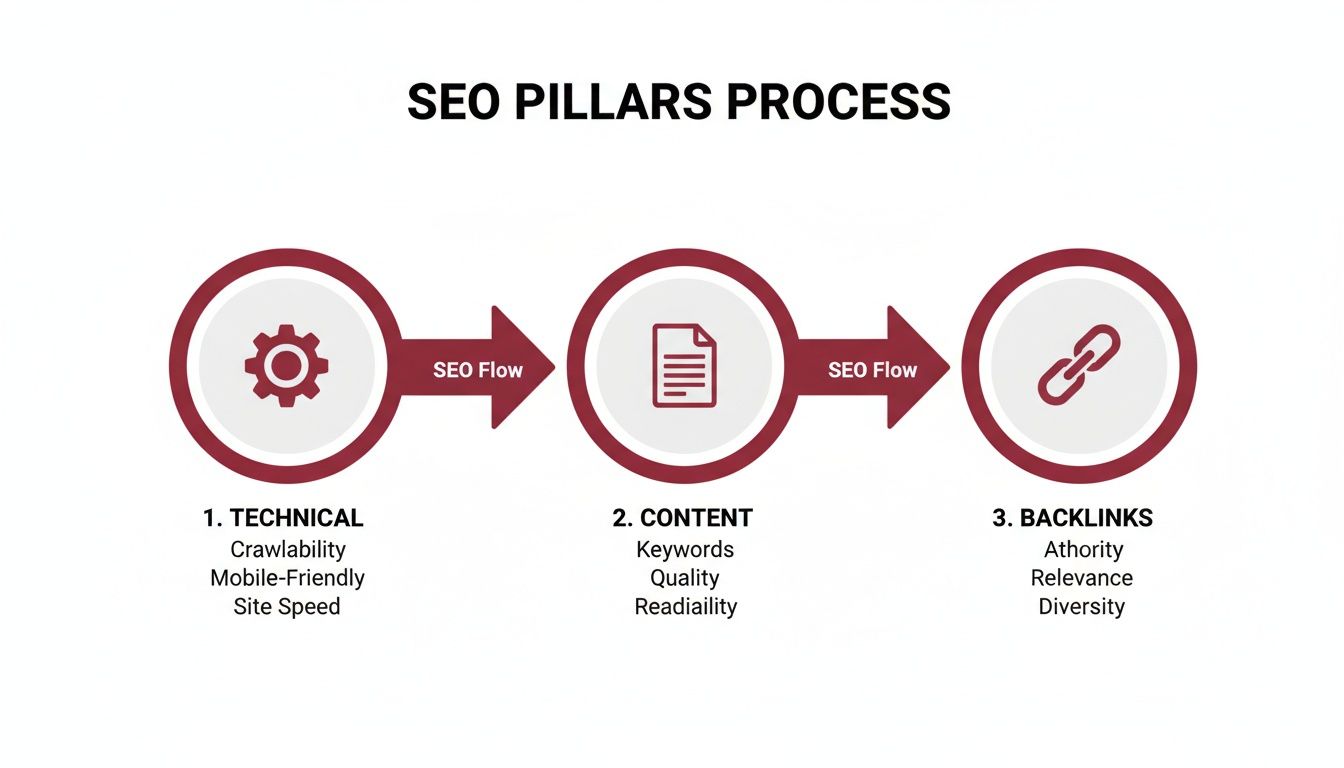 Flowchart illustrating the three SEO pillars process: technical, content, and backlinks, with key aspects.