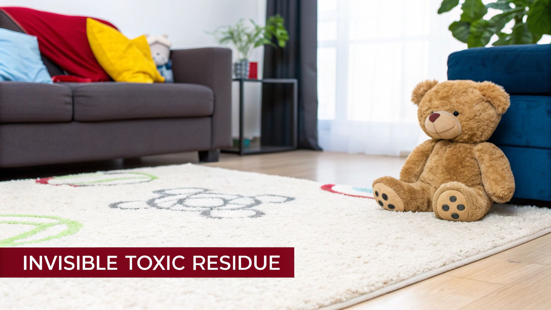A teddy bear sits on a children's rug with a sofa in the background, highlighting hidden toxic residue.
