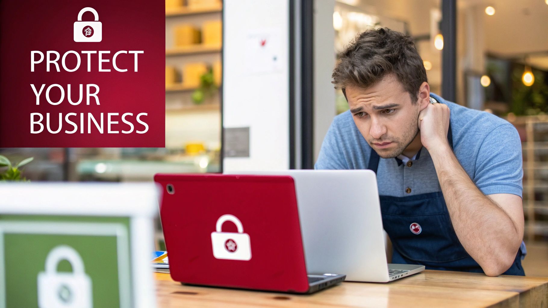 A stressed small business owner looks at his laptop, while a sign urges to protect business.