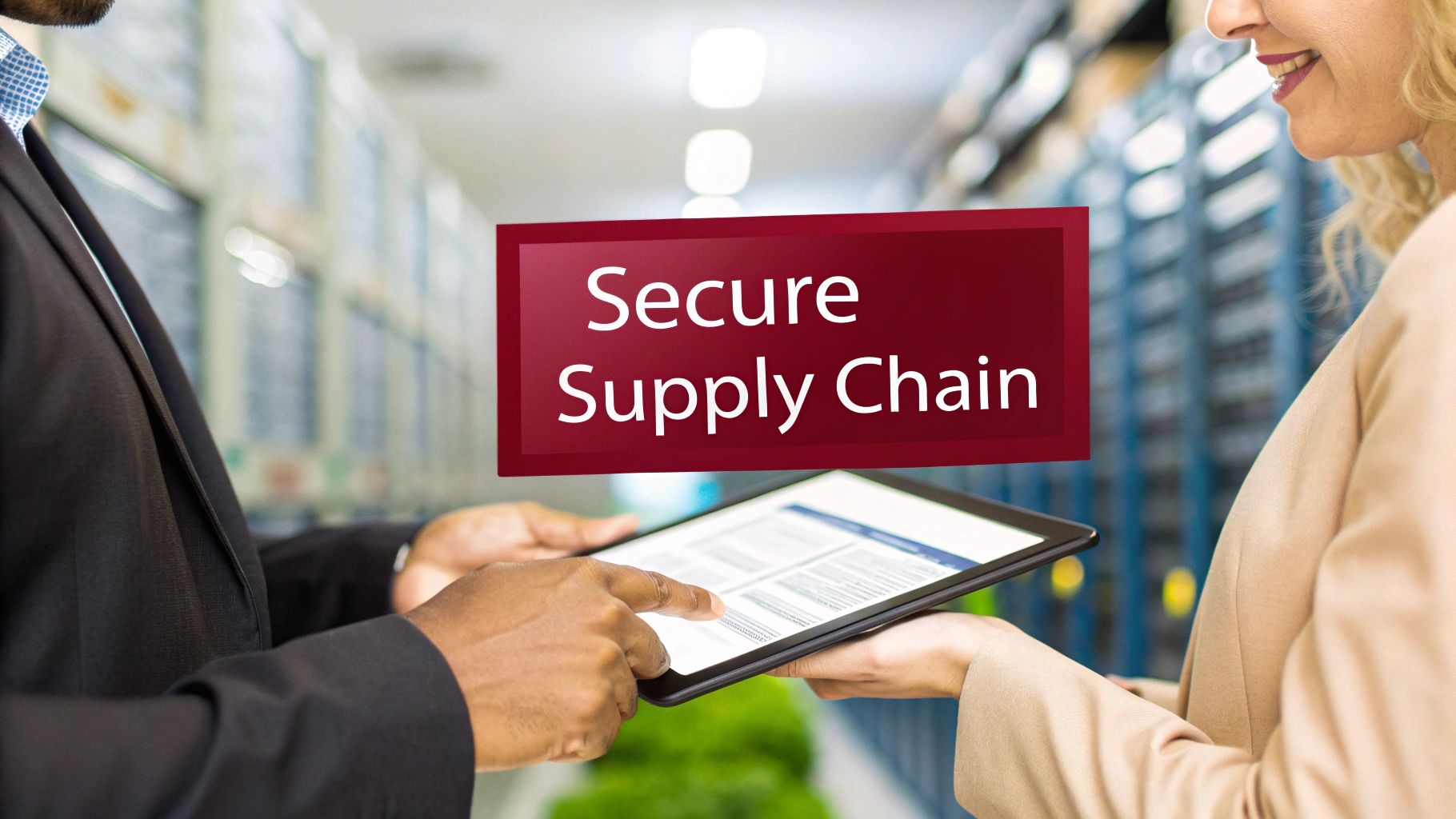 Two professionals review a secure supply chain document on a tablet in a modern industrial setting.