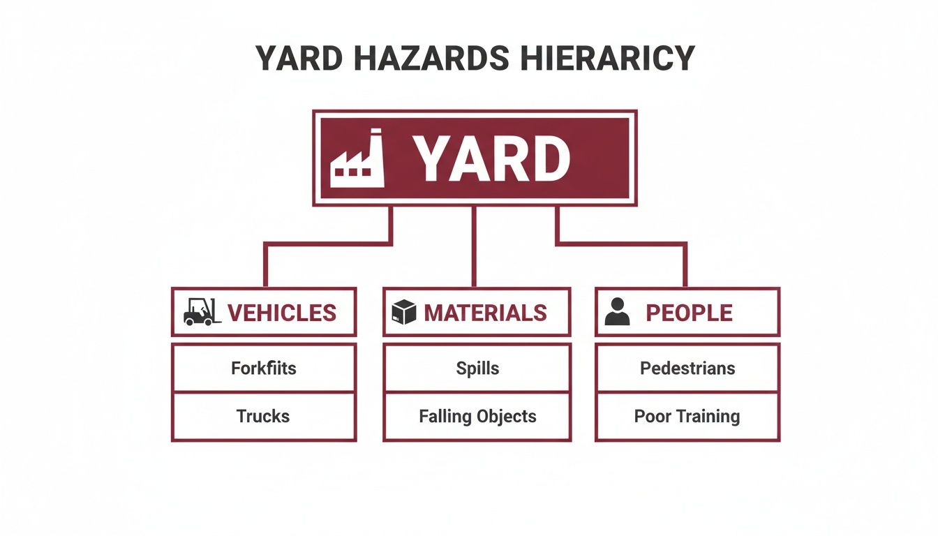 A hierarchy chart illustrating yard hazards, categorized into vehicles, materials, and people, with specific examples.