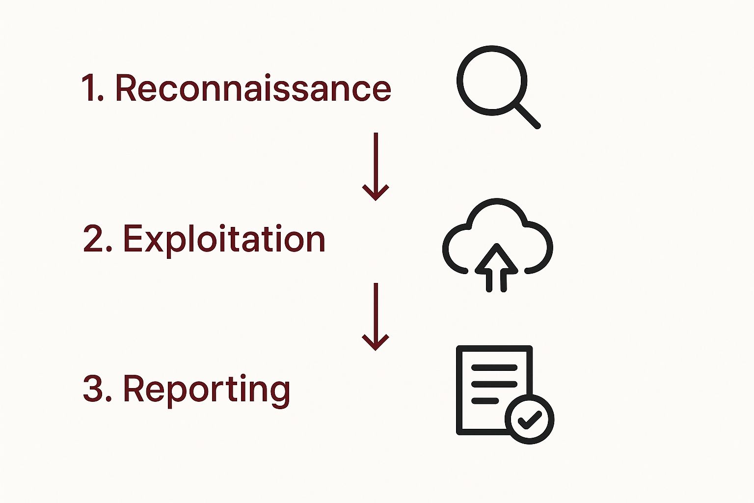 Infographic showing the three-step Pen Testing as a Service workflow: Reconnaissance, Exploitation, and Reporting.