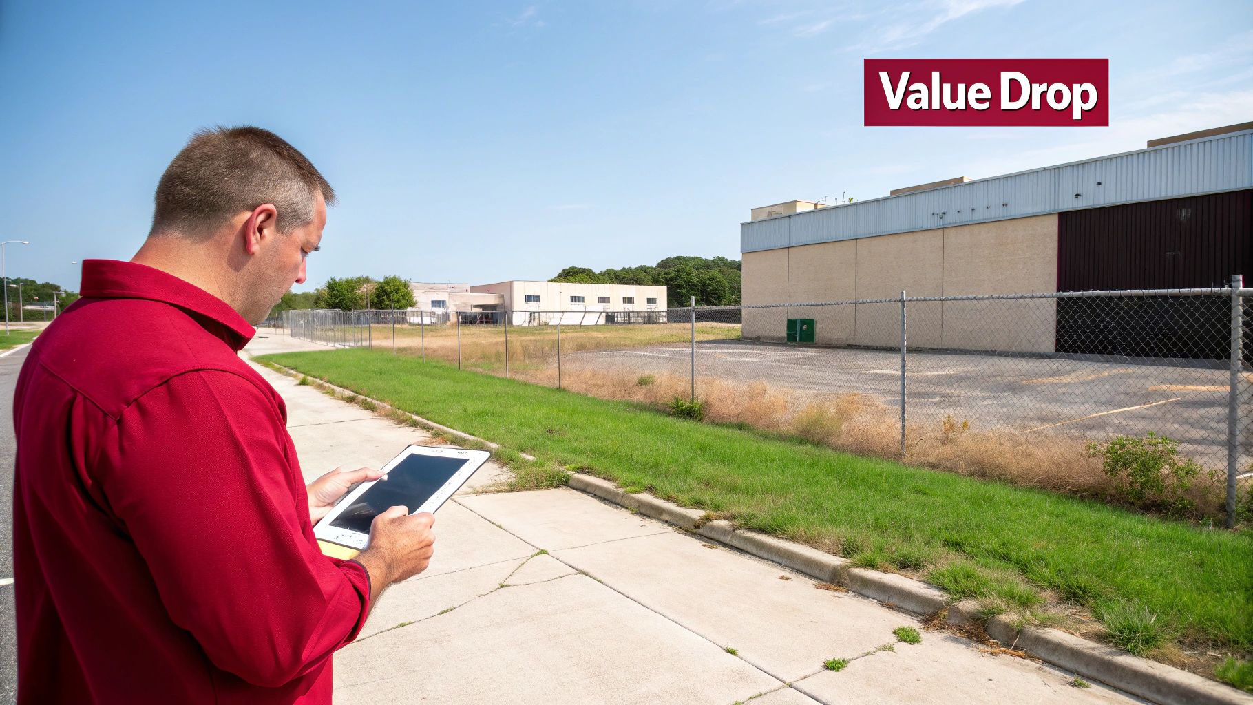 A man in a red shirt uses a tablet, overlooking vacant commercial buildings with a 'Value Drop' sign.