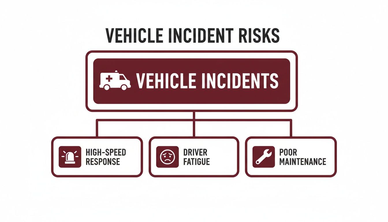 A diagram illustrates vehicle incident risks, including high-speed response, driver fatigue, and poor maintenance.