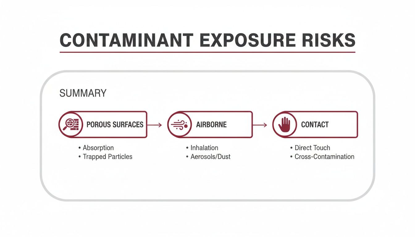 Diagram illustrating contaminant exposure risks including porous surfaces, airborne particles, and direct contact pathways.