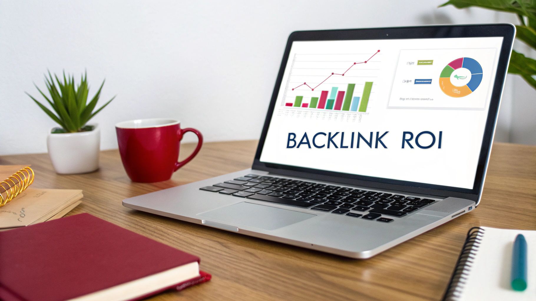 Laptop on a wooden desk displays charts for 'BACKLINK ROI' with a coffee mug and plant.