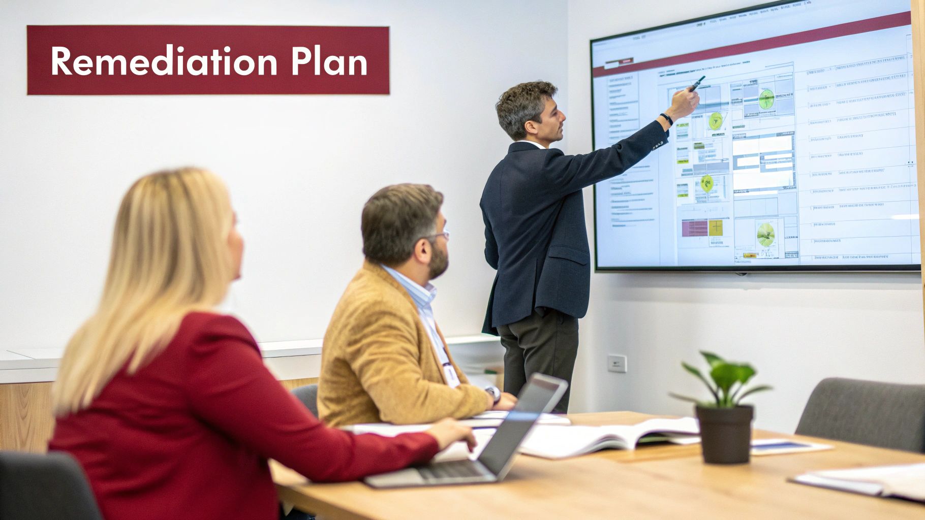 A man presents a remediation plan on a large screen to two colleagues in a meeting room.