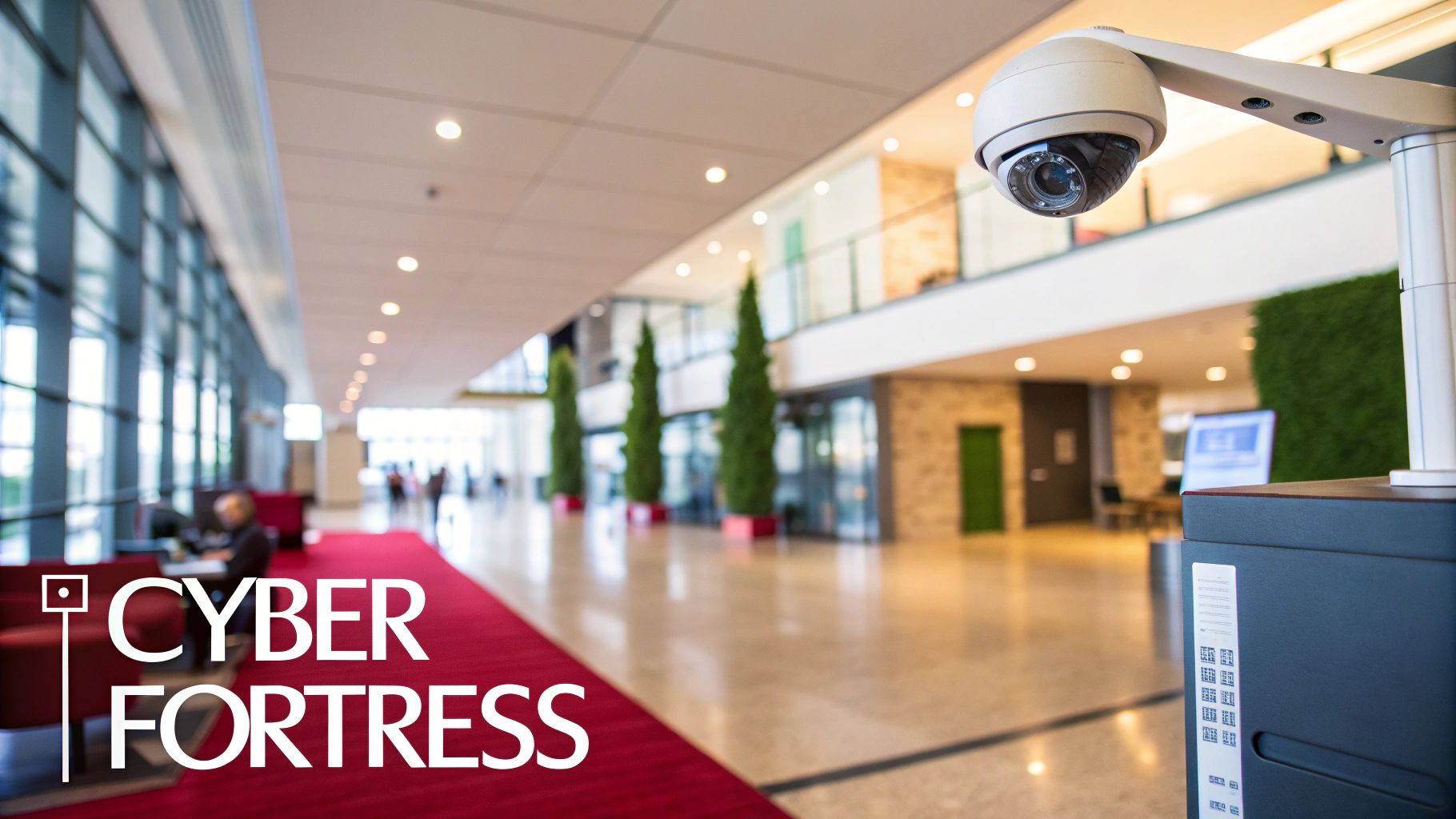 A prominent security camera oversees a modern building interior with a red carpet and 'CYBER FORTRESS' text.