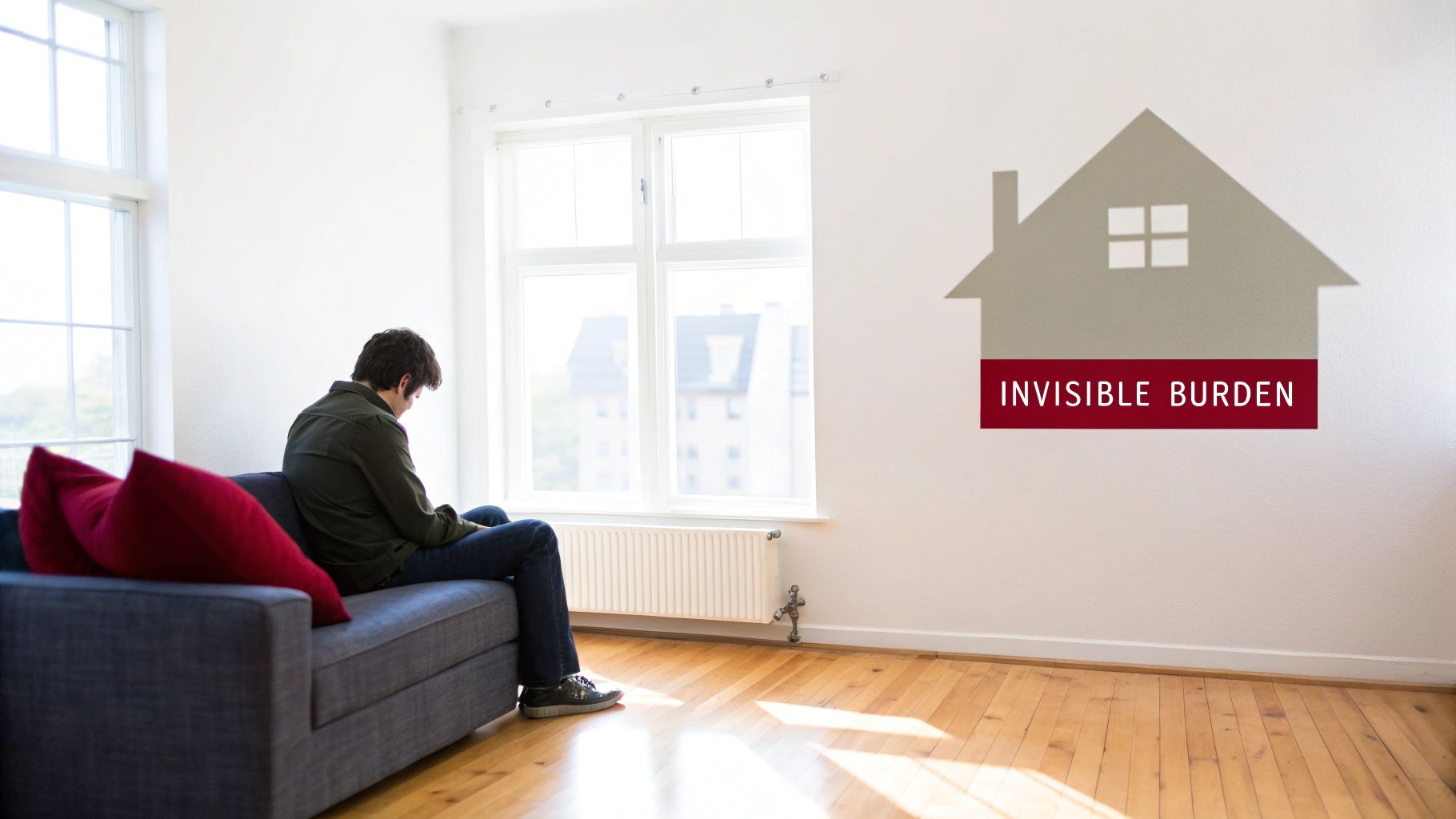 A man sits on a couch in a minimalist room, an 'Invisible Burden' house icon on the wall.