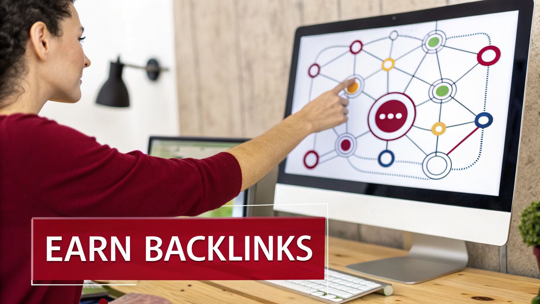 A woman points at a computer screen displaying a network diagram, with a banner stating 'EARN BACKLINKS'.
