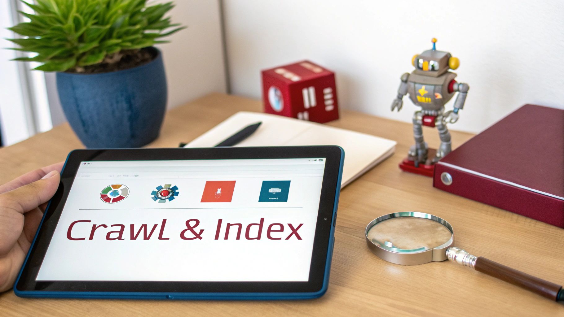 A hand holds a tablet displaying 'Crawl & Index' on a desk with a robot and magnifying glass.
