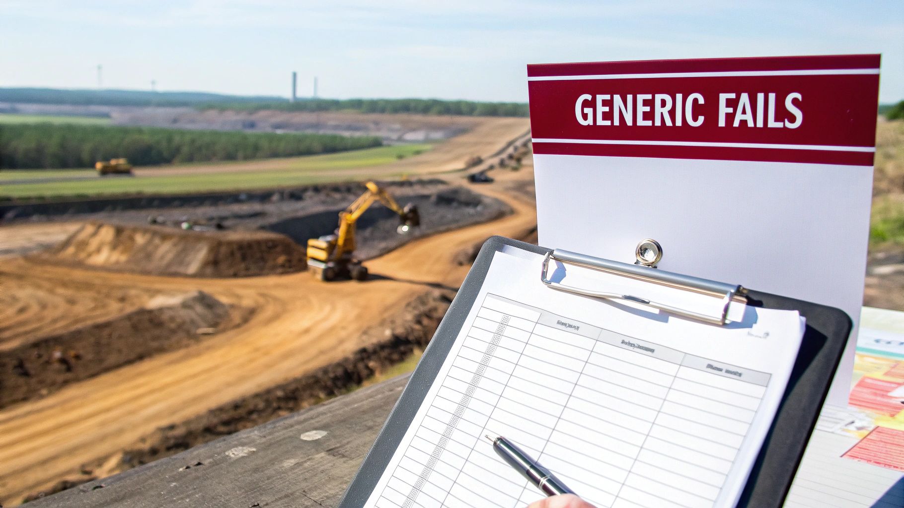 Inspection of a mining or quarrying site, with a "Generic Fails" sign and clipboard.