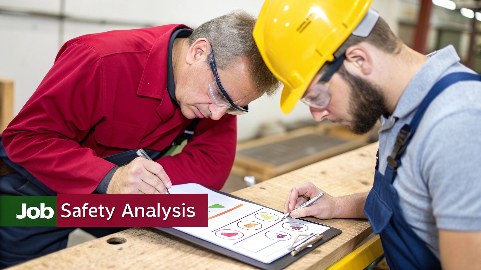 Two construction workers in safety gear analyze a job safety document on a clipboard.