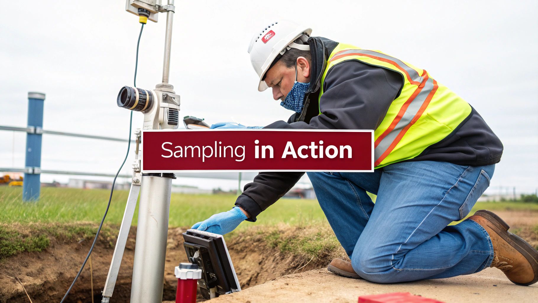A worker performs a grain dust assessment in a facility, demonstrating the on-site sampling strategy.