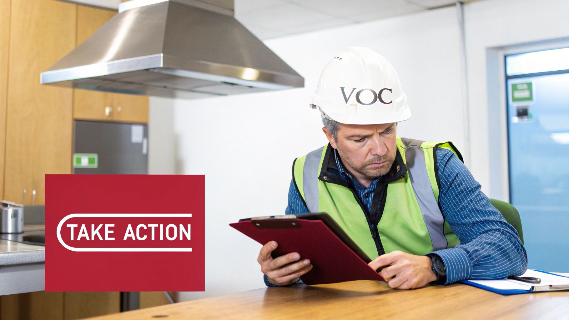 A person creating an action plan on a whiteboard, translating VOC test results into concrete safety measures.
