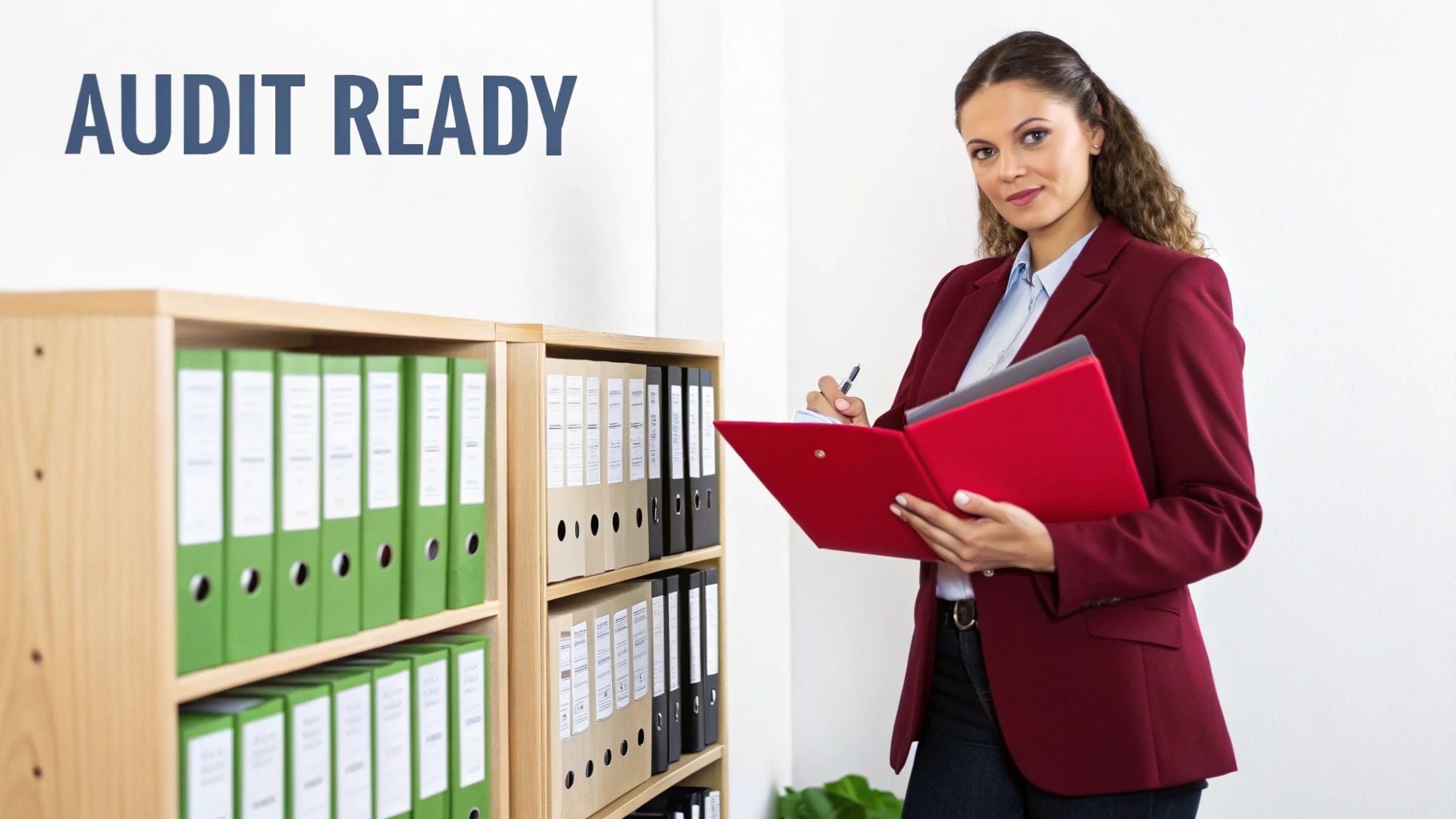A professional auditor reviewing documents with a team member in a modern office.