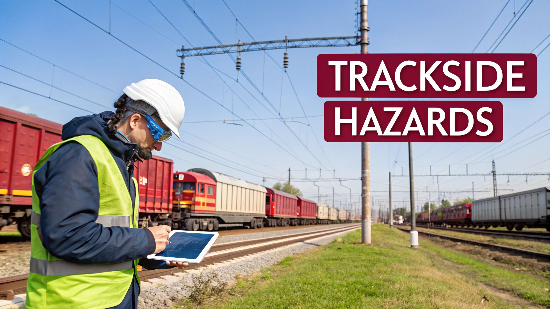 Railway worker in safety vest and hard hat using a tablet near train tracks with 'TRACKSIDE HAZARDS' text.