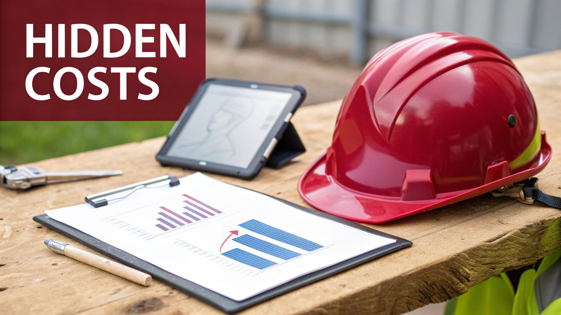 An image showing a financial chart overlaid with safety gear, representing the economic impact of workplace safety.