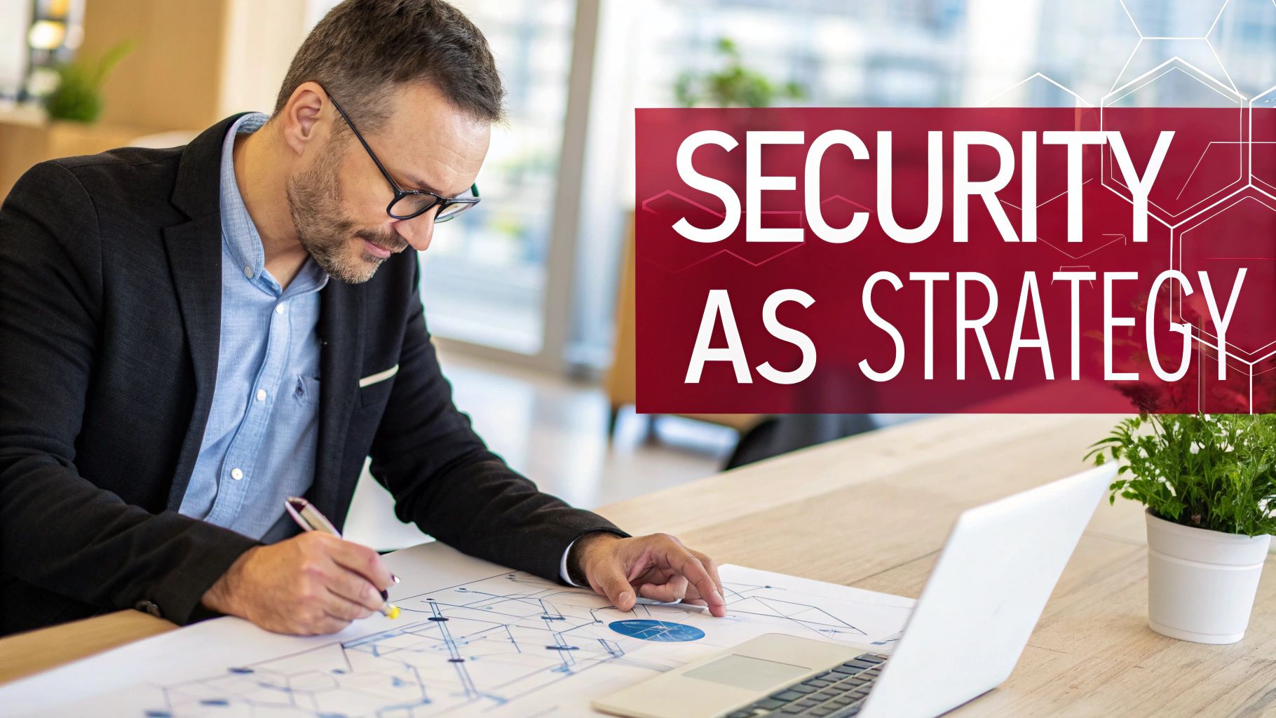 A man in glasses works on a blueprint with a pen, next to a laptop. Overlay text: 'SECURITY AS STRATEGY'.