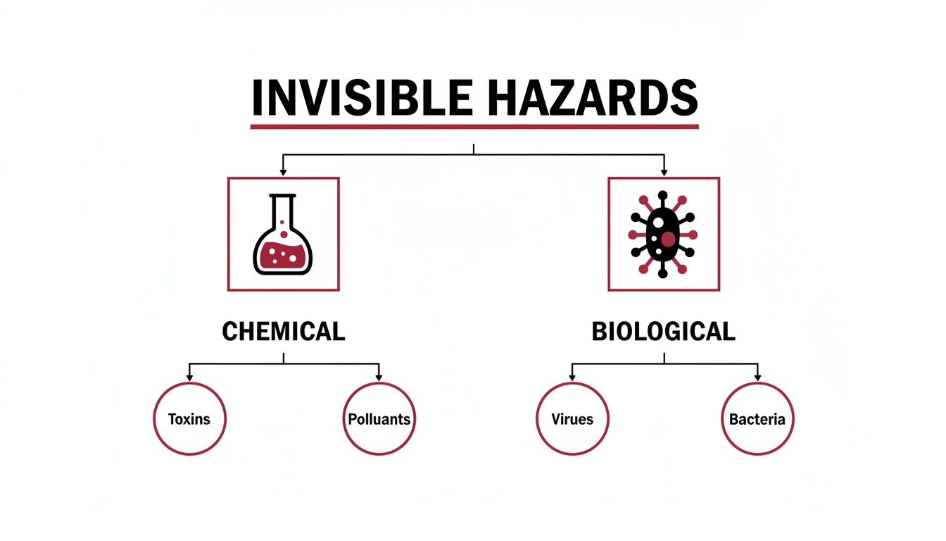 A diagram illustrating invisible hazards categorized into chemical (toxins, pollutants) and biological (viruses, bacteria).