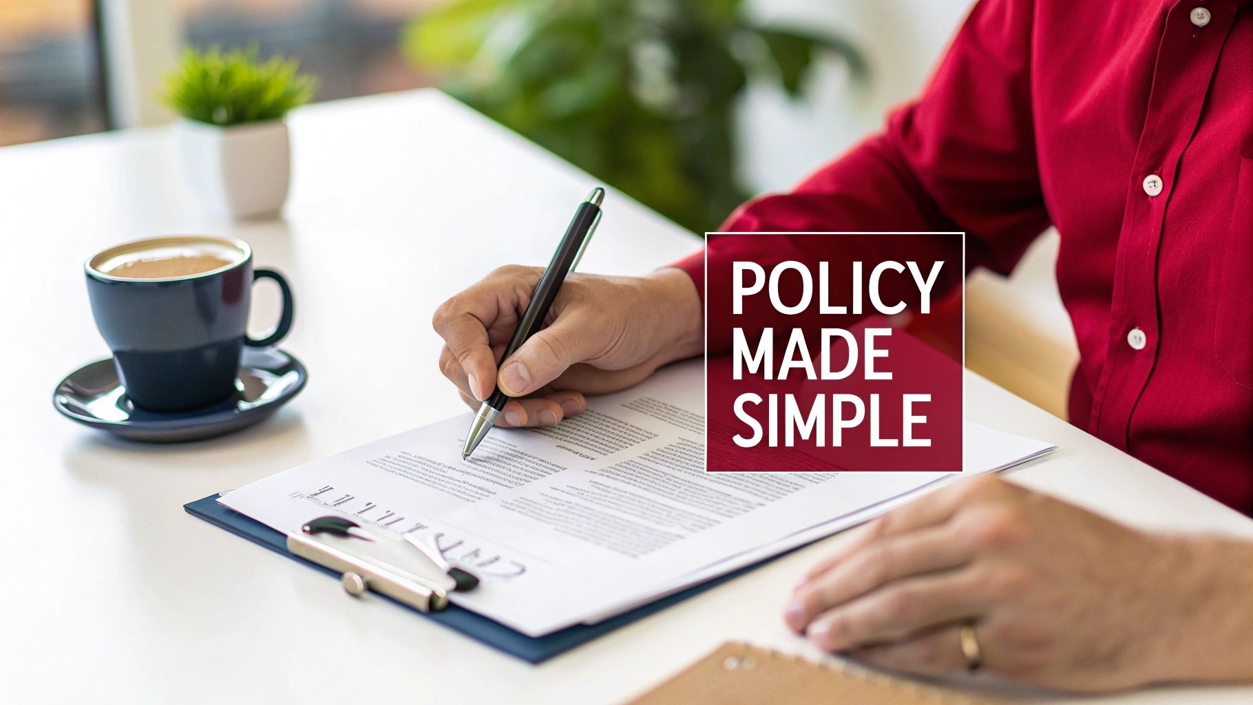 A person in a red shirt signing a policy document on a white desk with a coffee cup and plant. Text: POLICY MADE SIMPLE.
