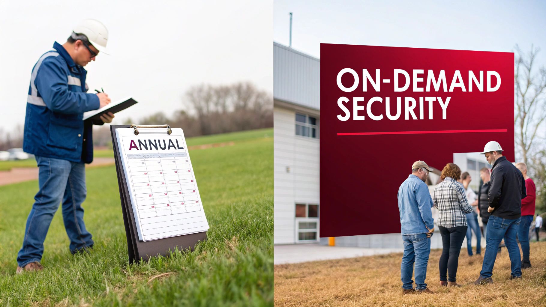 A worker with an 'ANNUAL' calendar contrasts with a group viewing an 'ON-DEMAND SECURITY' sign.