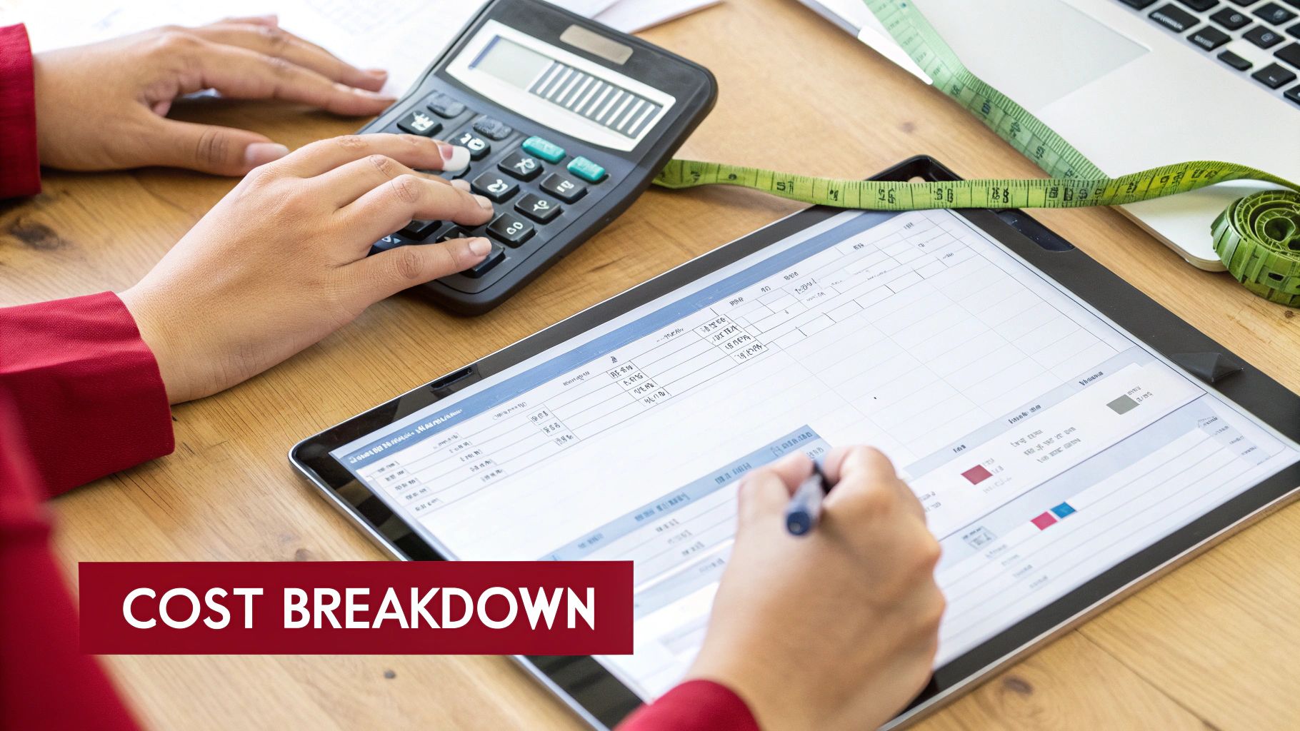 A person uses a calculator and writes on a tablet displaying a cost breakdown spreadsheet.