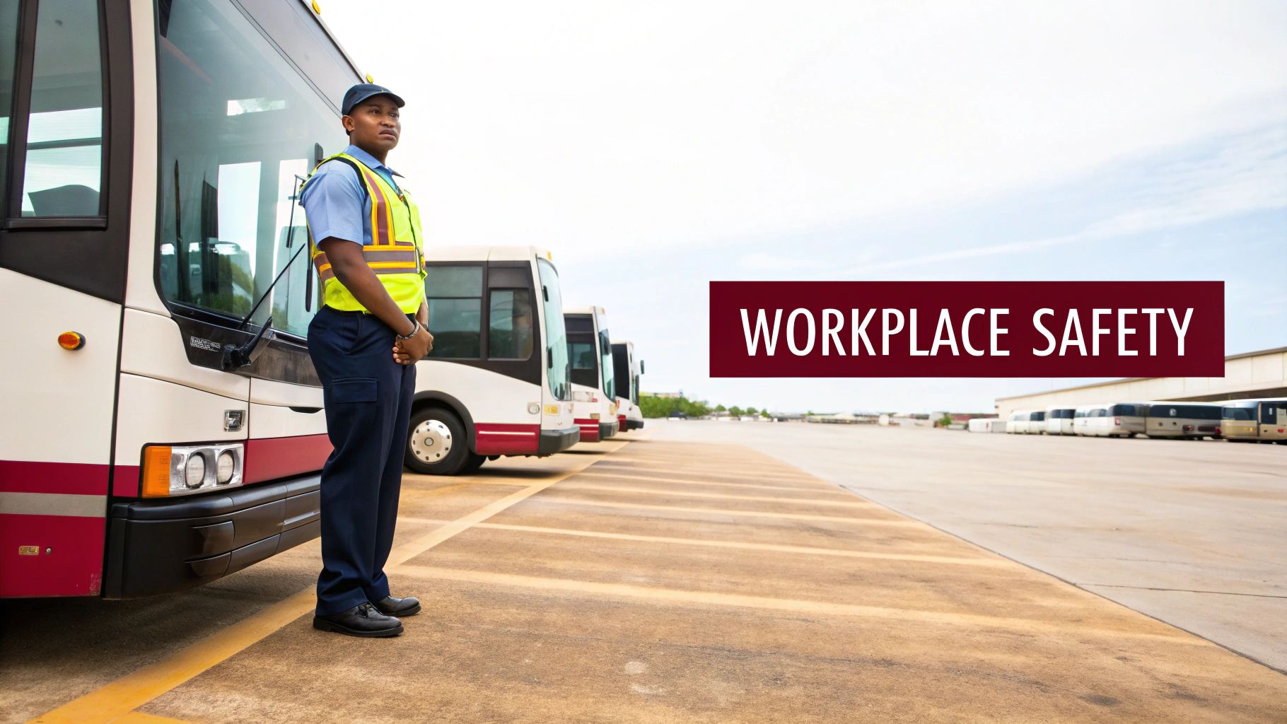 A bus driver in a high-visibility vest stands by a bus at a depot, with a 'Workplace Safety' banner.