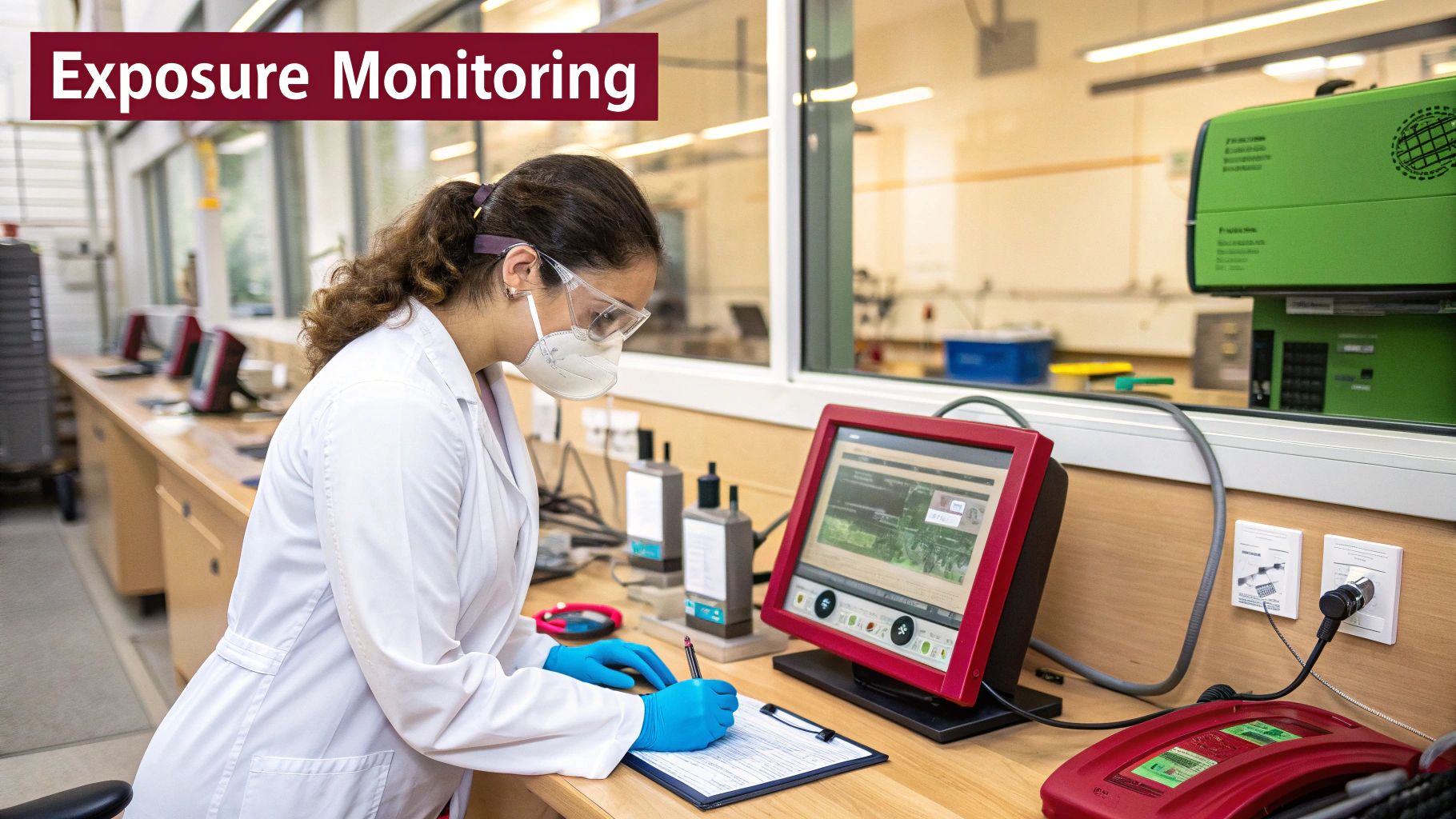 An occupational hygiene consultant using specialised equipment to measure workplace air quality