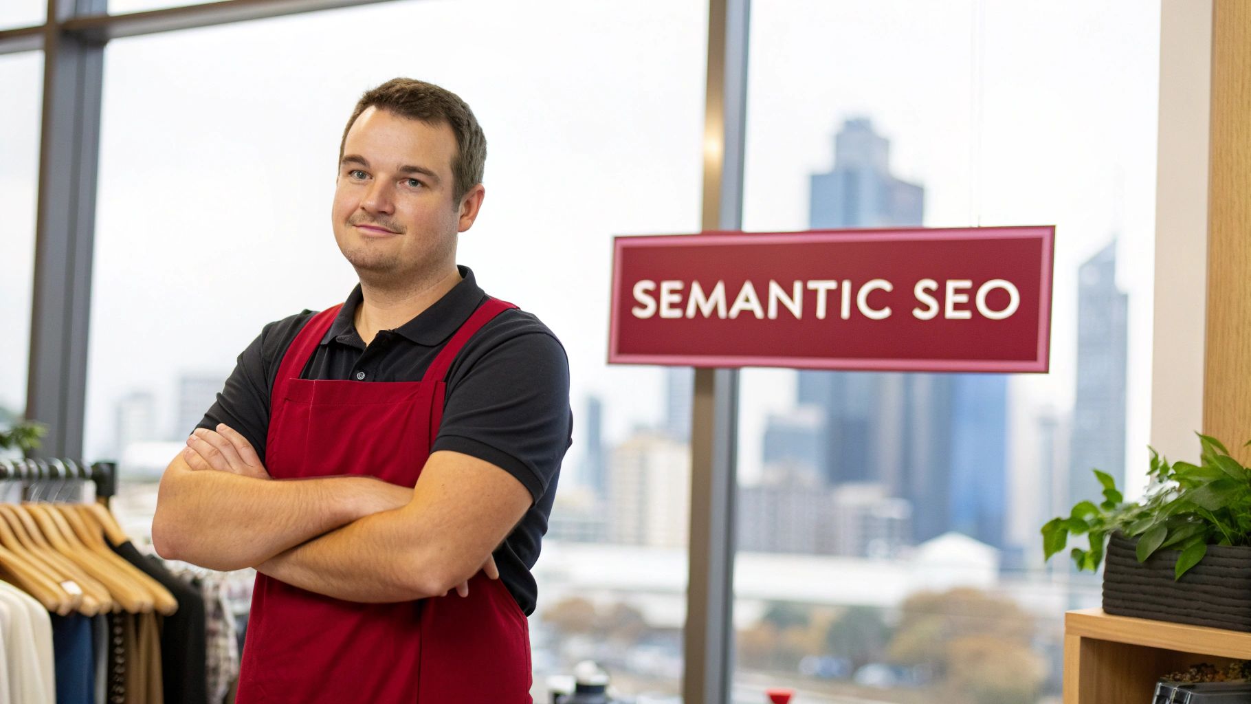 A man in a red apron stands with crossed arms in front of a "SEMANTIC SEO" sign.