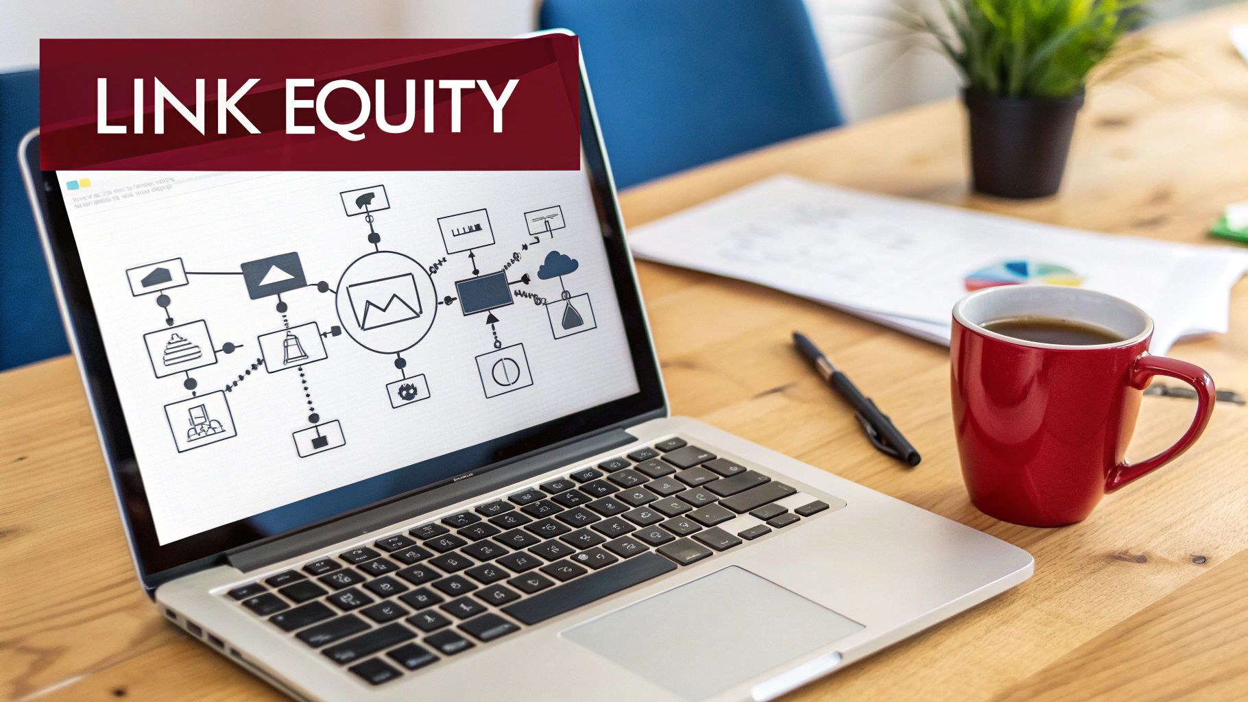 A laptop displaying a 'LINK EQUITY' diagram on a desk with a coffee mug and papers, symbolizing digital marketing.