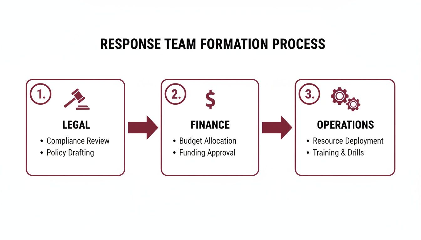 A three-step process for response team formation: Legal, Finance, and Operations, with specific tasks.