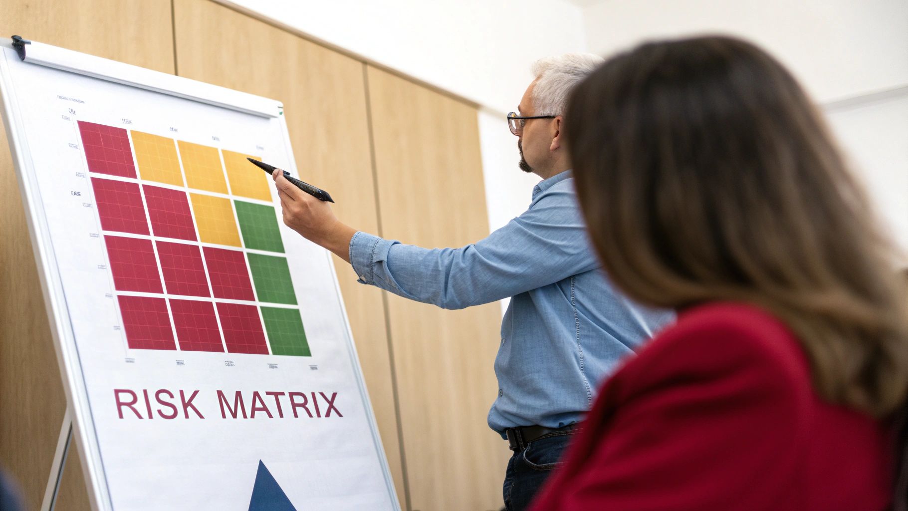 A man in glasses points to a risk matrix chart during a business presentation, with a woman in the foreground.