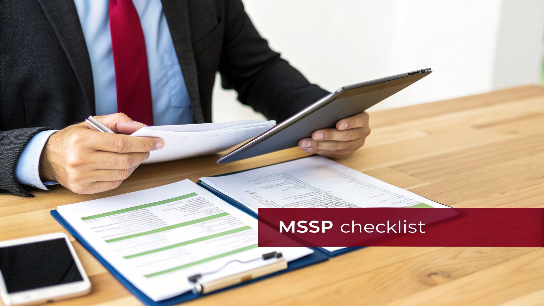 Businessman reviews an MSSP checklist on documents and a tablet on a wooden desk.