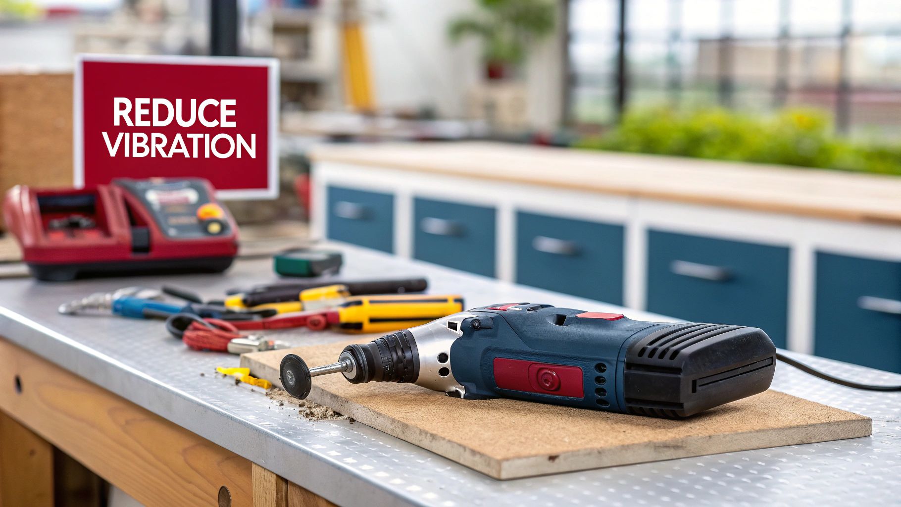 A blue and red rotary tool with a cutting disk on a workbench, with a 'REDUCE VIBRATION' sign in the background.