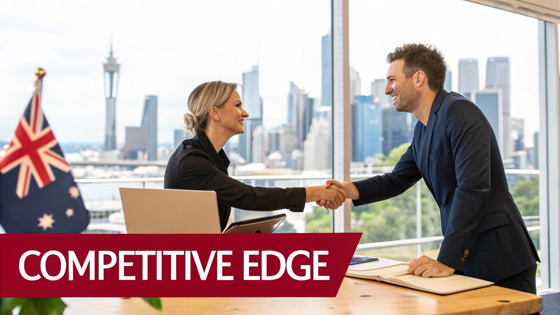 Two business professionals shaking hands in a modern office with an Australian flag and city skyline.