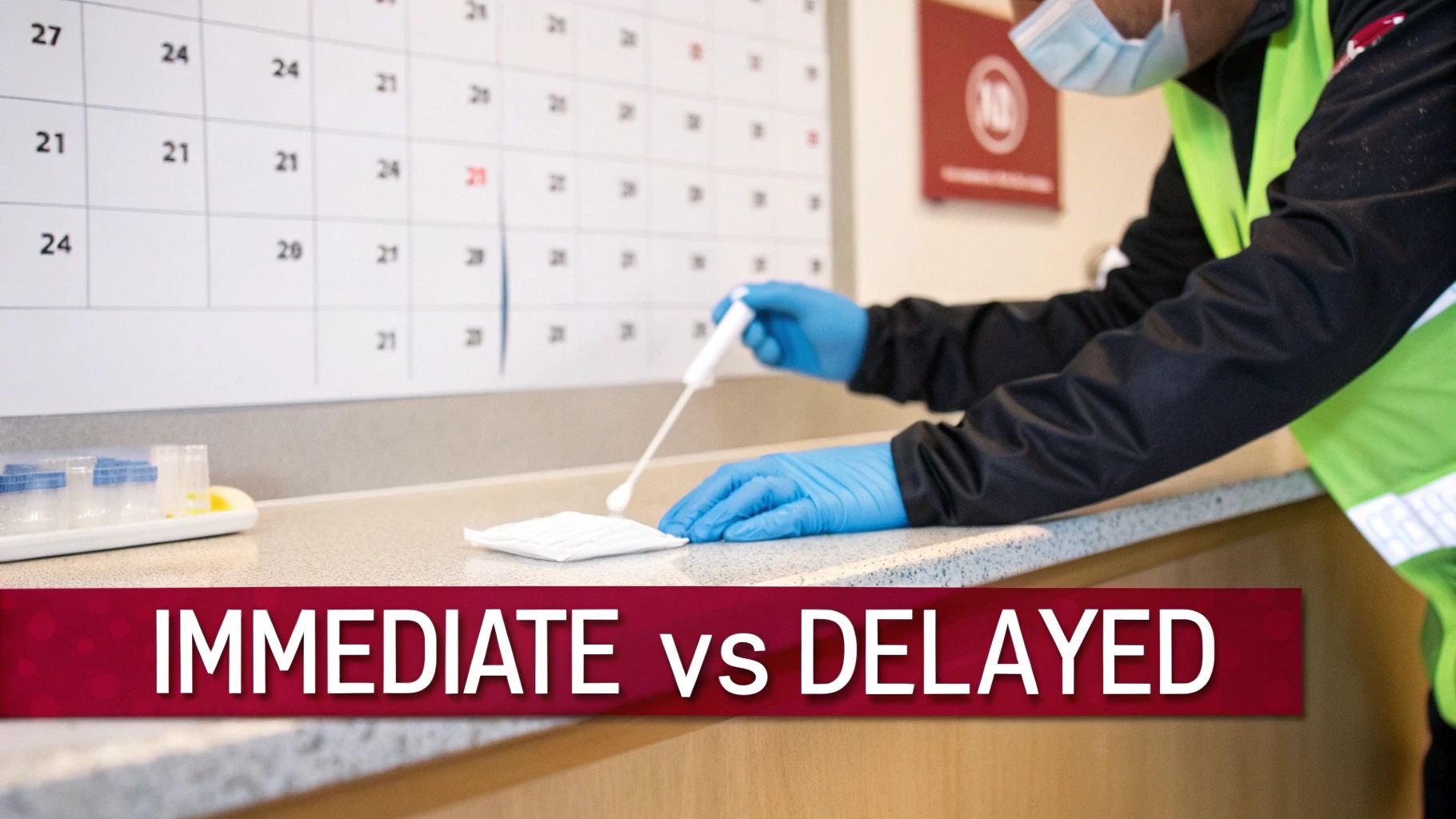 A person in a mask and blue gloves prepares a medical swab, with a calendar in the background and "IMMEDIATE vs DELAYED" text.