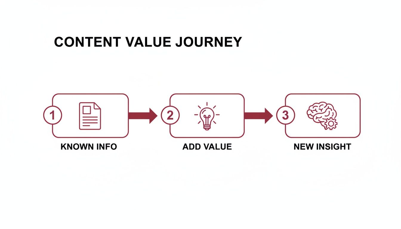 A diagram illustrating the Content Value Journey: Known Info leads to New Insight by adding value.